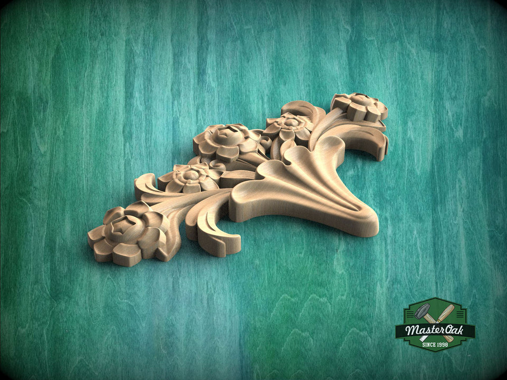 A wooden carving of a flower on a green background, with a logo for Master Oak visible in the bottom right corner.