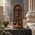 Menorah Oak Wood Sculpture, Seven Branch Menorah with Olive Branches and Pomegranates, Judaica Decor, Jewish Housewarming Gift