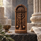 Menorah Oak Wood Sculpture, Seven Branch Menorah with Olive Branches and Pomegranates, Judaica Decor, Jewish Housewarming Gift