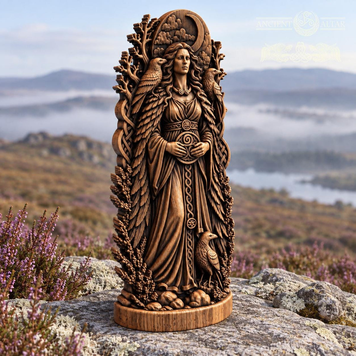 Morrigan Raven Queen Figurine, Celtic War Goddess Statue, Wooden Irish Deity, Dark Pagan Altar Decor, Witchcraft Gift