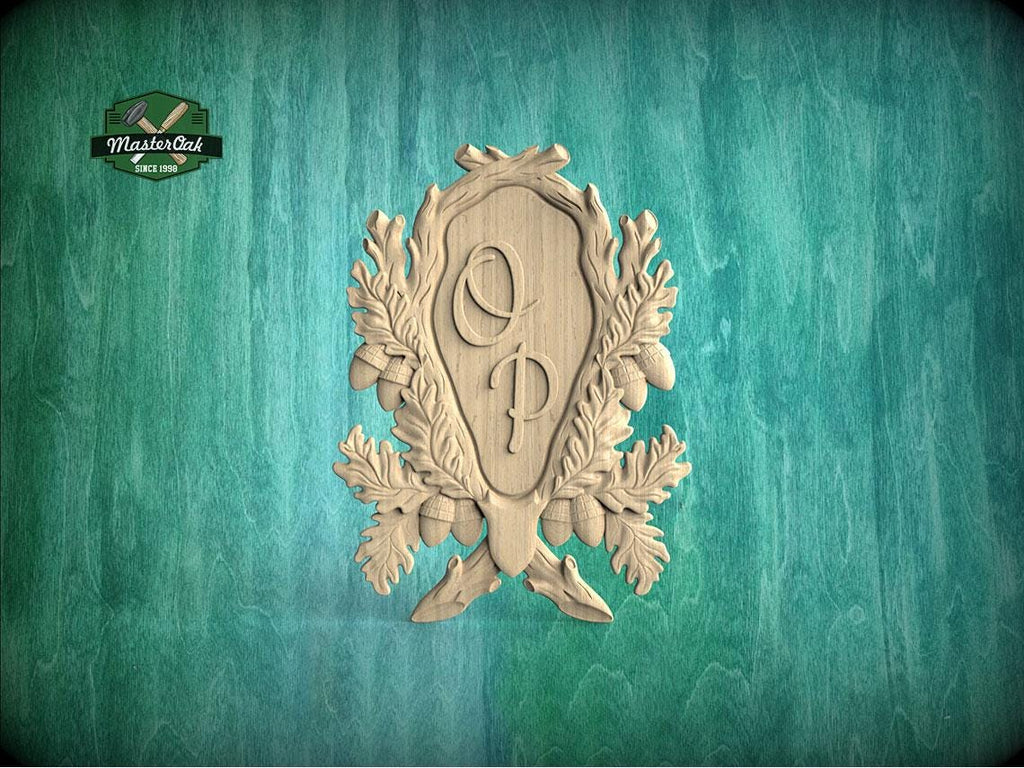 Personalized Wooden Medallion Onlay, Rustic Oak and Acorn Design, Wood Onlay with Acorn Motif, 1 pc, Unpainted, Home Wall Embellishments