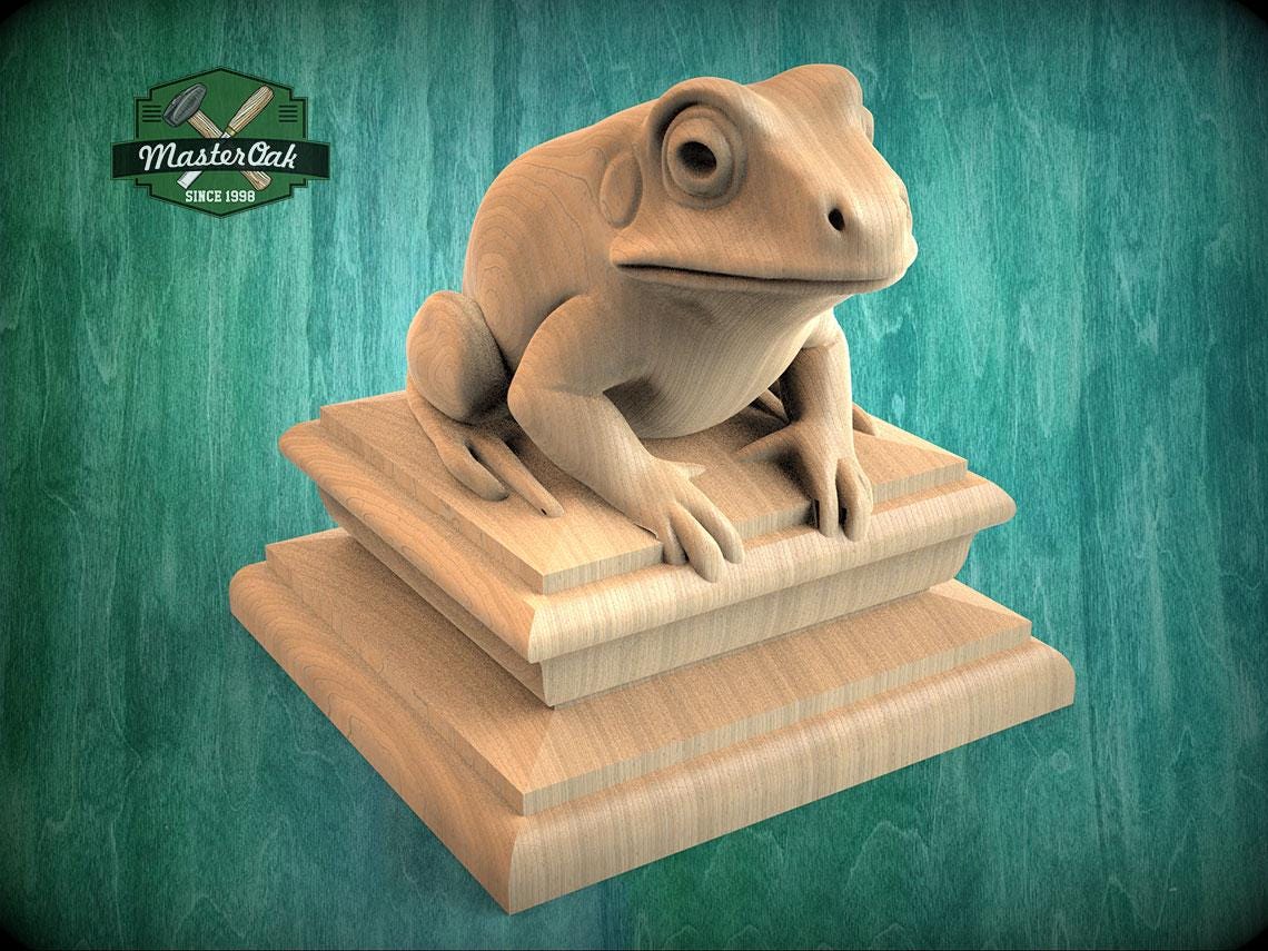 A wooden frog statue is perched on a wooden pedestal against a teal background.