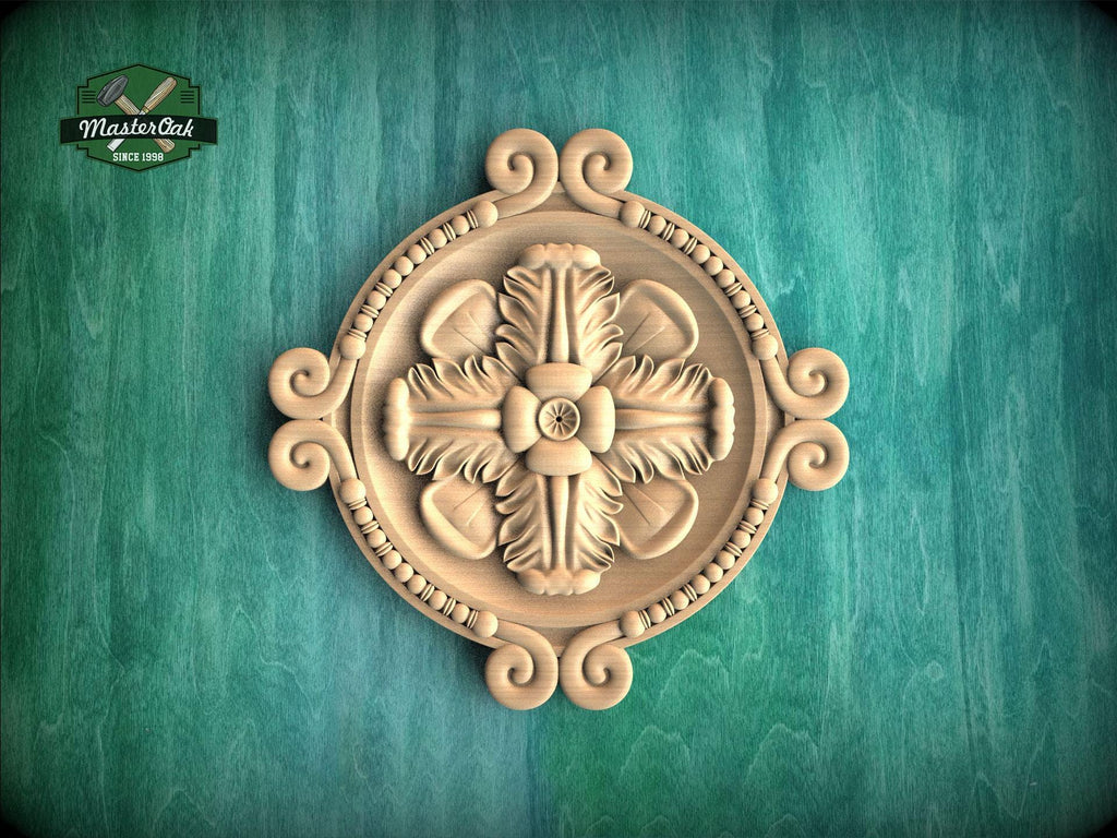 a decorative wooden panel with an intricate floral design, set against a green background.