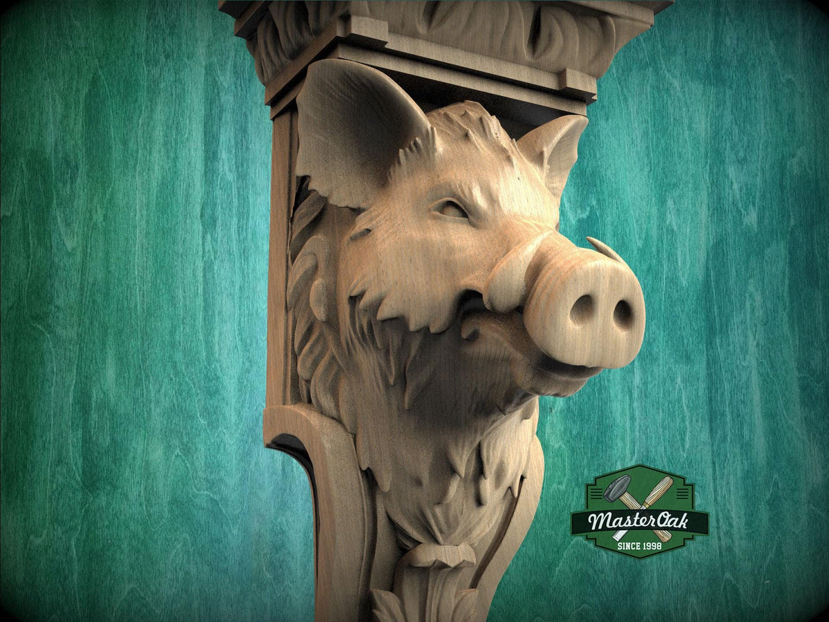 Boar Head Wood Corbel – Carved Rustic Wall Bracket for Shelves and Decor