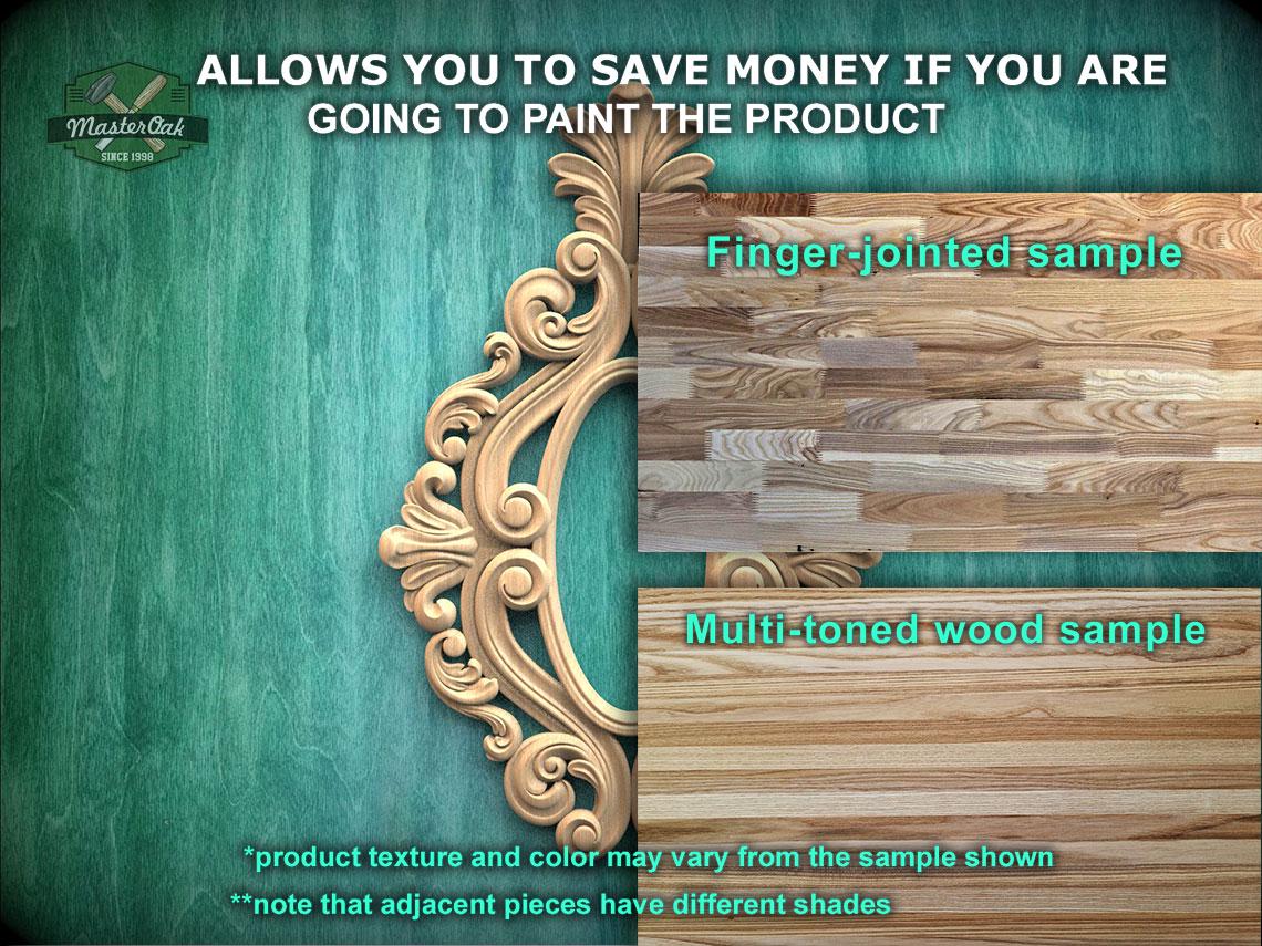 The image is a promotional advertisement for Master Oak Paint, showcasing a variety of wood samples. It features a wooden frame with an ornate design, a finger-jointed sample, and a multi-toned wood sample. The text on the image provides information about the product, including the possibility of different product textures and colors, and notes that adjacent pieces have different shades. The image is a collage of multiple images, and the text is concise and avoids redundancy.