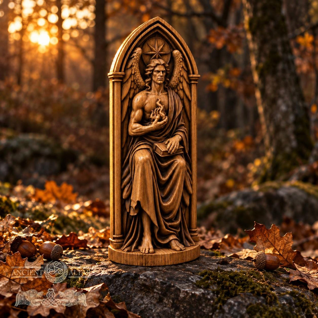 Lucifer Light Bearer Statue, Winged Torch Holder in Solid Oak, Morning Star Sculpture, Gothic Altar Decor, Occult Gift