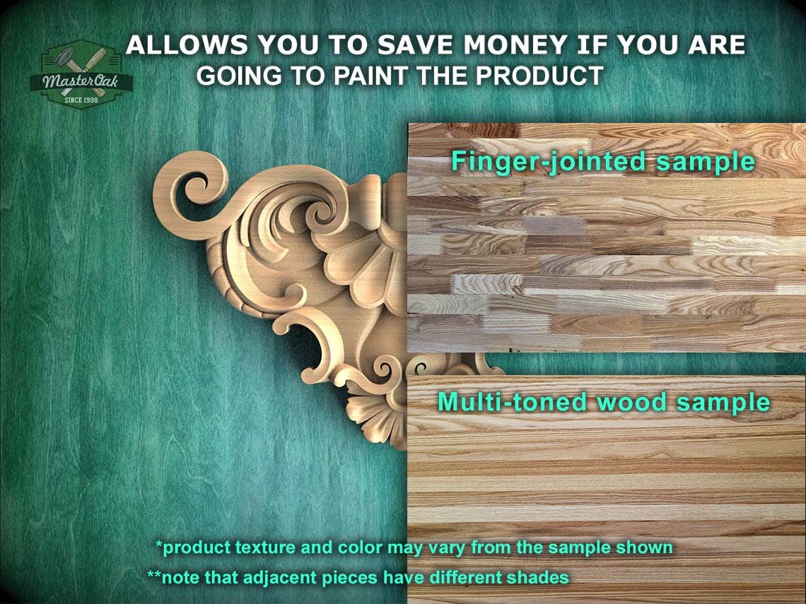 The image is a promotional advertisement for Master Oak, a company that sells wood products. It features a close-up of a wooden carving and a sample of multi-toned wood, along with text that provides information about the products.