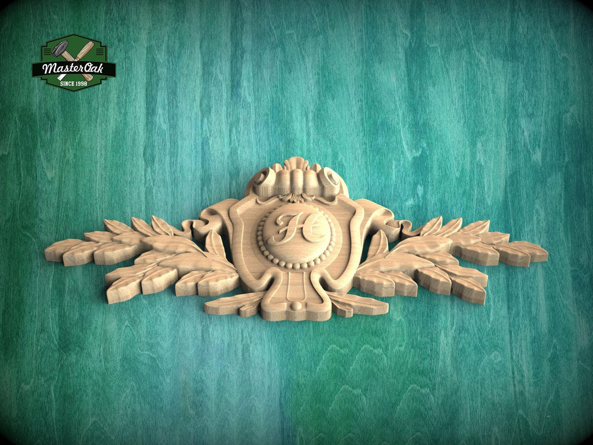 Personalized Carved Wooden Crest cartouche with Acanthus and Laurel Details – Traditional Heraldic Wall Plaque, 1pc, Unpainted, Home decor