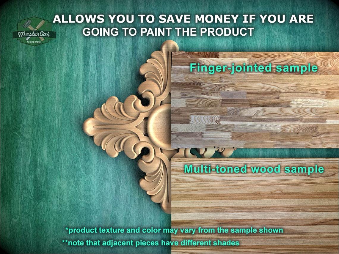 The image is a promotional advertisement for Master Oak Paint, showcasing two different types of wood samples. The text highlights that the samples allow customers to save money if they are going to paint the product, with a focus on the differences between the finger-joined and multi-toned wood samples. The text also mentions that the product texture and color may vary from the sample shown, and that adjacent pieces have different shades.
