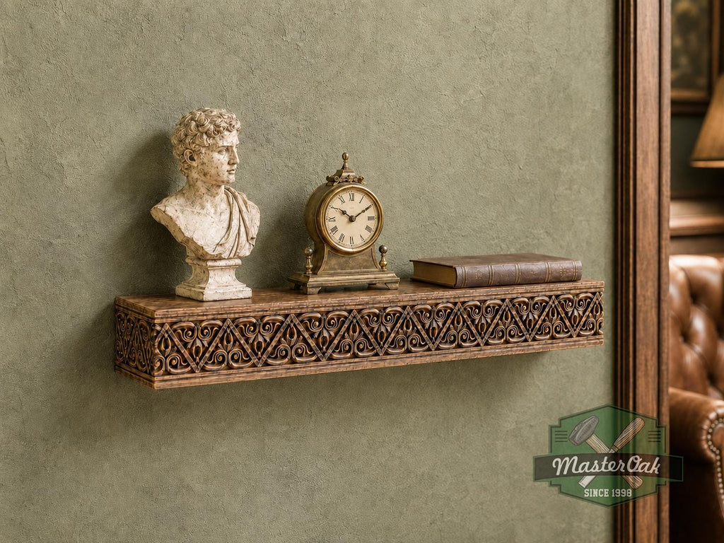 Carved Solid Oak Wall Shelf with Gothic Arch Pattern, Ornate Floating Shelf, Decorative Wood Display Shelf, Medieval Home Decor
