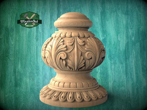 Carved wooden ornamental finial with classical acanthus leaf design, suitable as a topper for newel posts, bed posts, or furniture columns