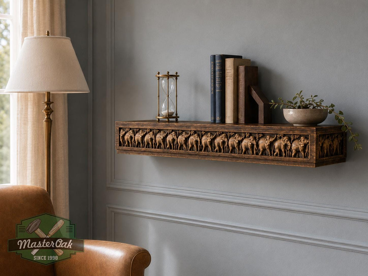 Carved Solid Oak Wall Shelf with Elephant Procession, Ornate Floating Display Shelf, Safari and Indian Inspired Home Decor