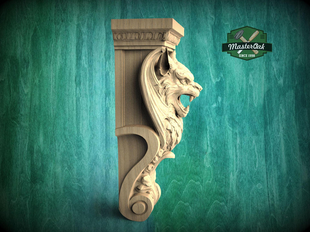A carved wooden lion's head with an open mouth, displayed against a green background with a logo for Master Oak since 1989.