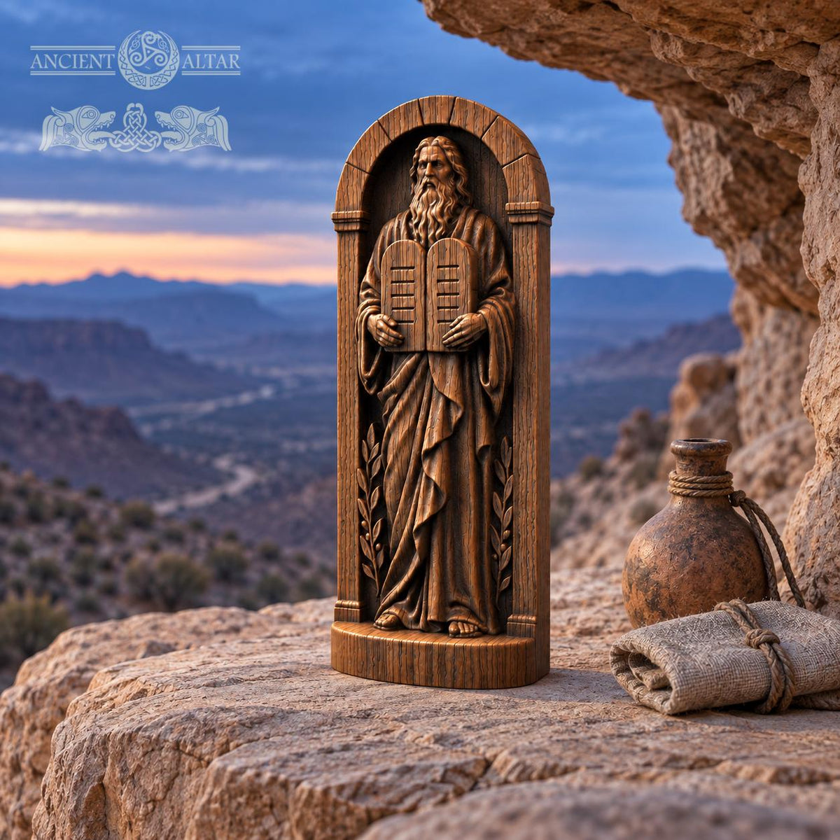 Moses with Ten Commandments Statue, Solid Oak Biblical Sculpture, Tablets of the Law, Judaica Home Decor, Religious Gift