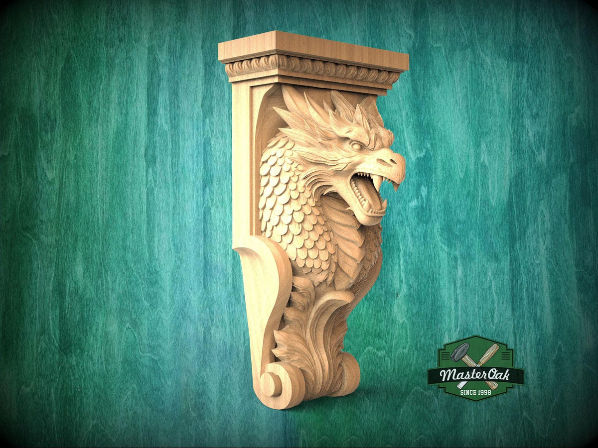 A carved wooden dragon head with a crest and wings, displayed against a green background.