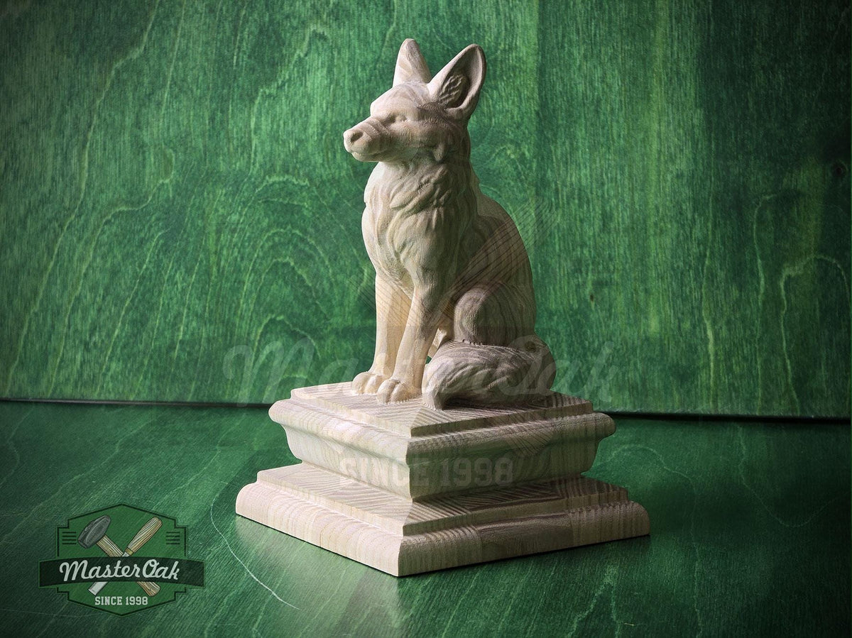Sitting Fox #2 made of wood, Wooden Finial for Staircase Newel Post, Wood Carved Fox Statue, Rustic Woodland Animal Accent, 1pc, Unpainted