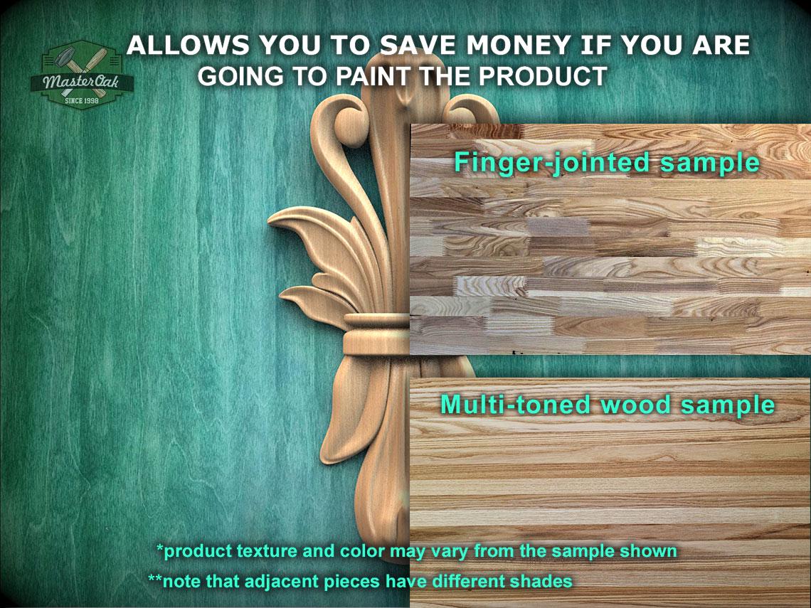 The image is a collage of two wood samples, one with a finger-jointed sample and the other with a multi-toned wood sample. The text above the samples states that the samples allow you to save money if you are going to paint the product. The samples are labeled with their respective names, and the text below the samples mentions that the product texture and color may vary from the sample shown, and that adjacent pieces have different shades.