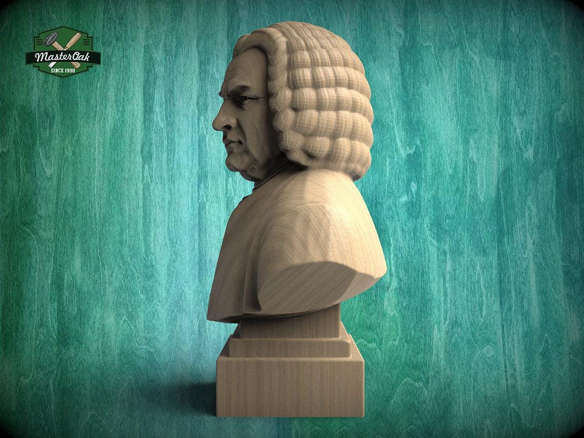 Johann Sebastian Bach Bust, Hand-Finished Wood Sculpture | Baroque Composer Decor