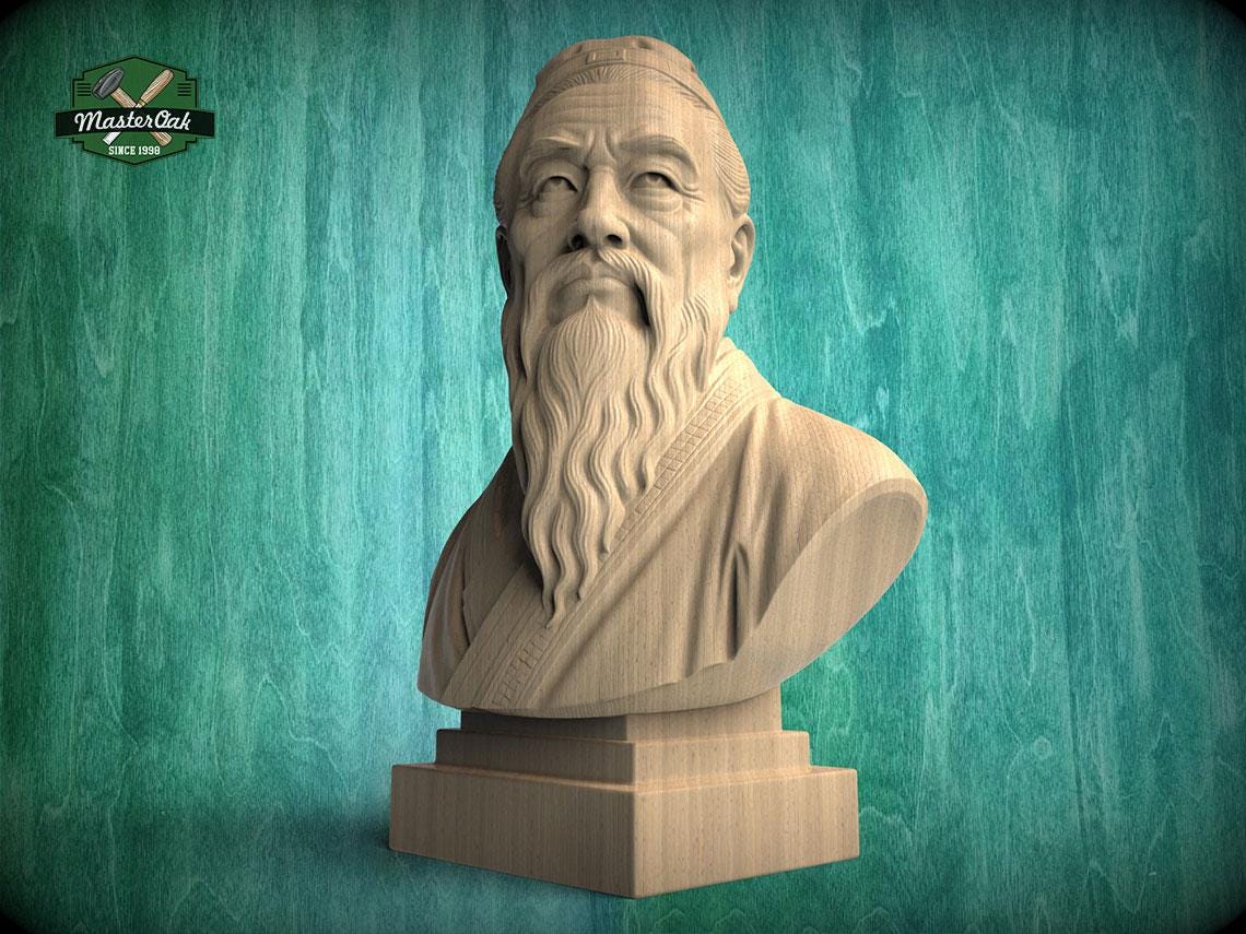 Confucius Bust | Carved & Hand-Finished Wood Statue | Chinese Philosophy Decor