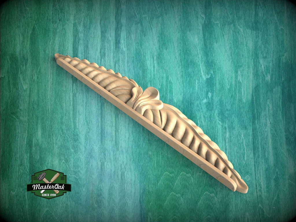 A wooden carving or sculpture is displayed against a green background.