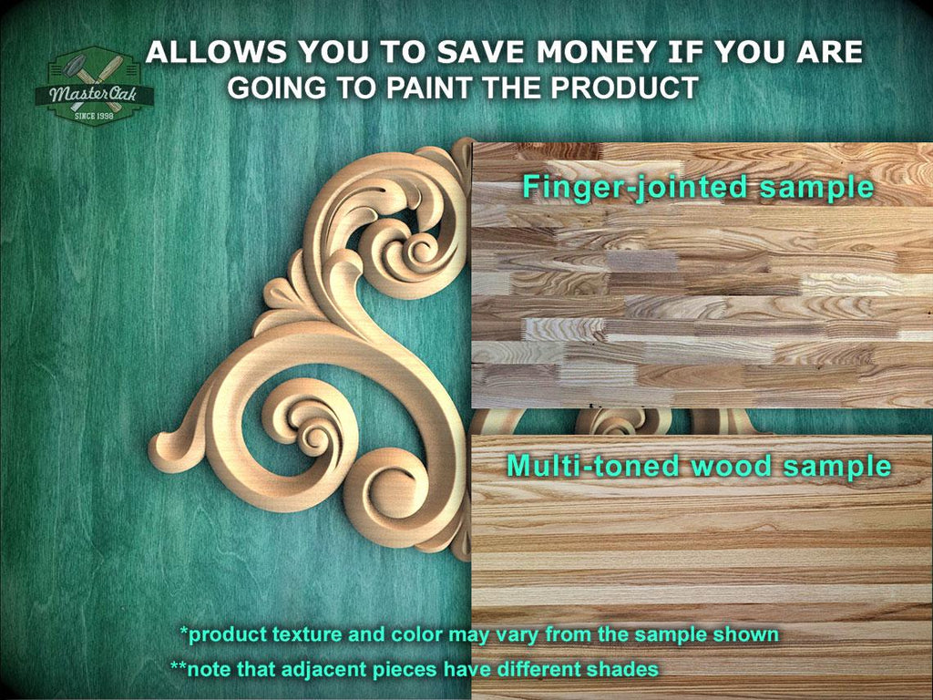 The image is a promotional advertisement for Master Oak, a company that sells wood products. It features a close-up of a wooden carving and a sample of multi-toned wood, along with text providing information about the products.