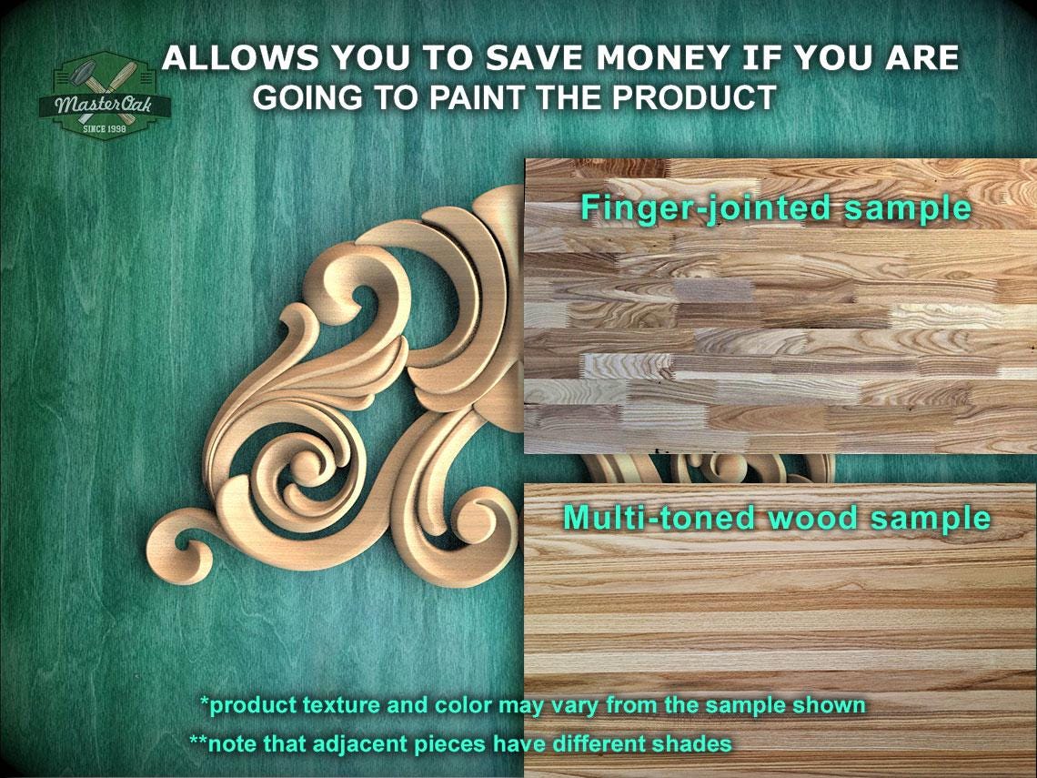 The image is a promotional advertisement for Master Oak, a company that specializes in painting wooden products. It features a close-up of a wooden sample with a finger-jointed design and a multi-toned wood sample, along with text that provides information about the products.