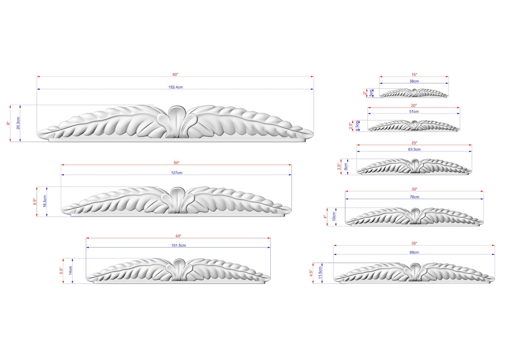 a series of white, decorative bird-like sculptures with varying sizes, each accompanied by a scale drawing and dimensions.