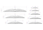 a series of white, decorative bird-like sculptures with varying sizes, each accompanied by a scale drawing and dimensions.
