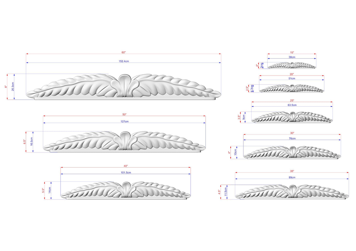 a series of white, decorative bird-like sculptures with varying sizes, each accompanied by a scale drawing and dimensions.