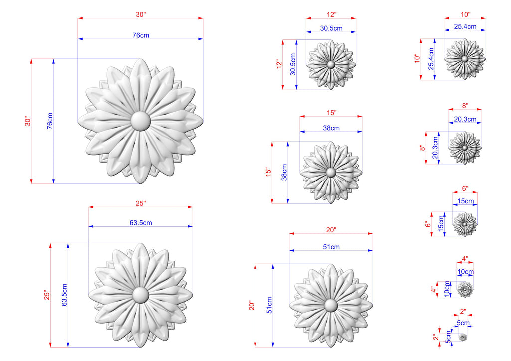 various sizes of white flower-like sculptures, each with its own set of dimensions and measurements. The sculptures are arranged in a grid-like pattern, providing a visual representation of the different sizes of the flowers.