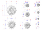 various sizes of white flower-like sculptures, each with its own set of dimensions and measurements. The sculptures are arranged in a grid-like pattern, providing a visual representation of the different sizes of the flowers.