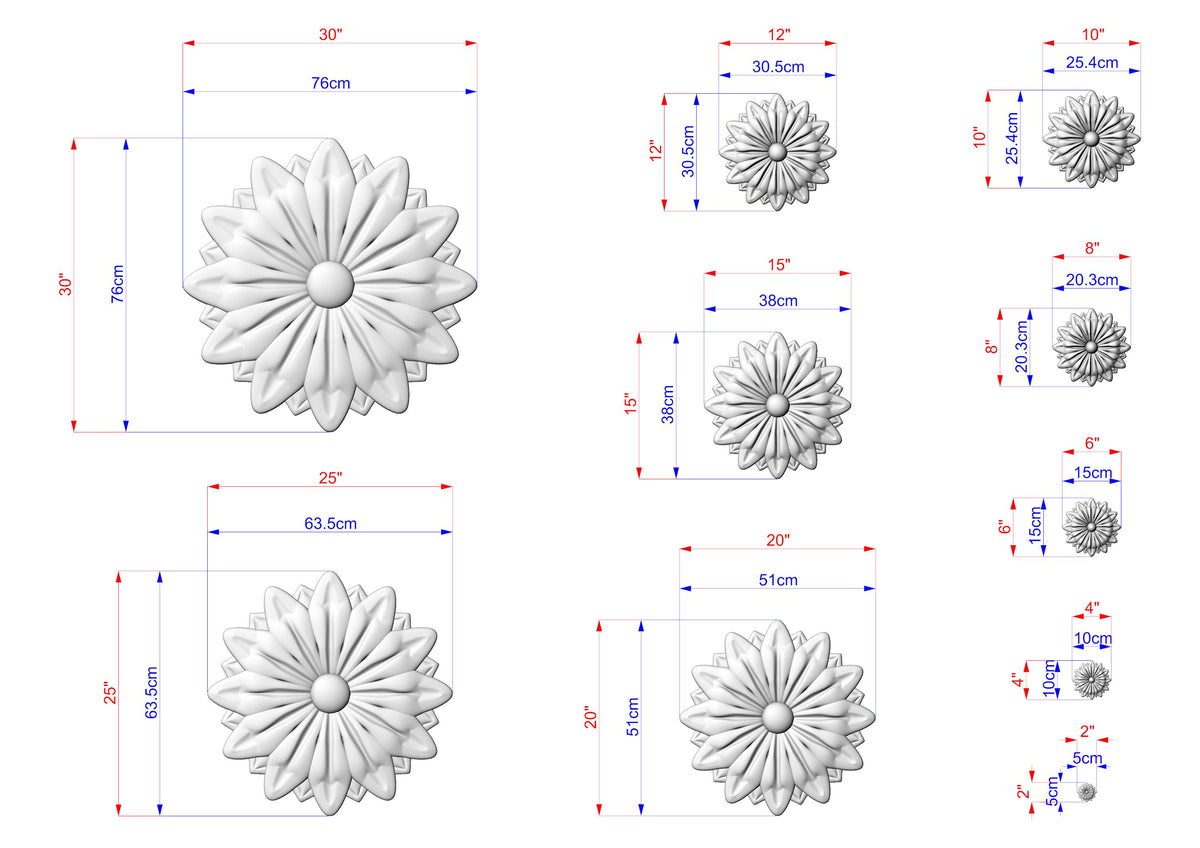 various sizes of white flower-like sculptures, each with its own set of dimensions and measurements. The sculptures are arranged in a grid-like pattern, providing a visual representation of the different sizes of the flowers.