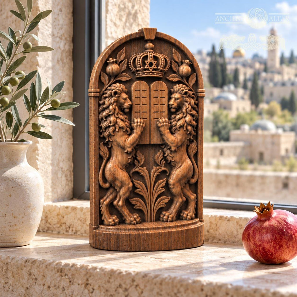 Lions and Tablets Judaica Sculpture, Solid Oak Ten Commandments Decor, Star of David and Crown, Jewish Housewarming Gift