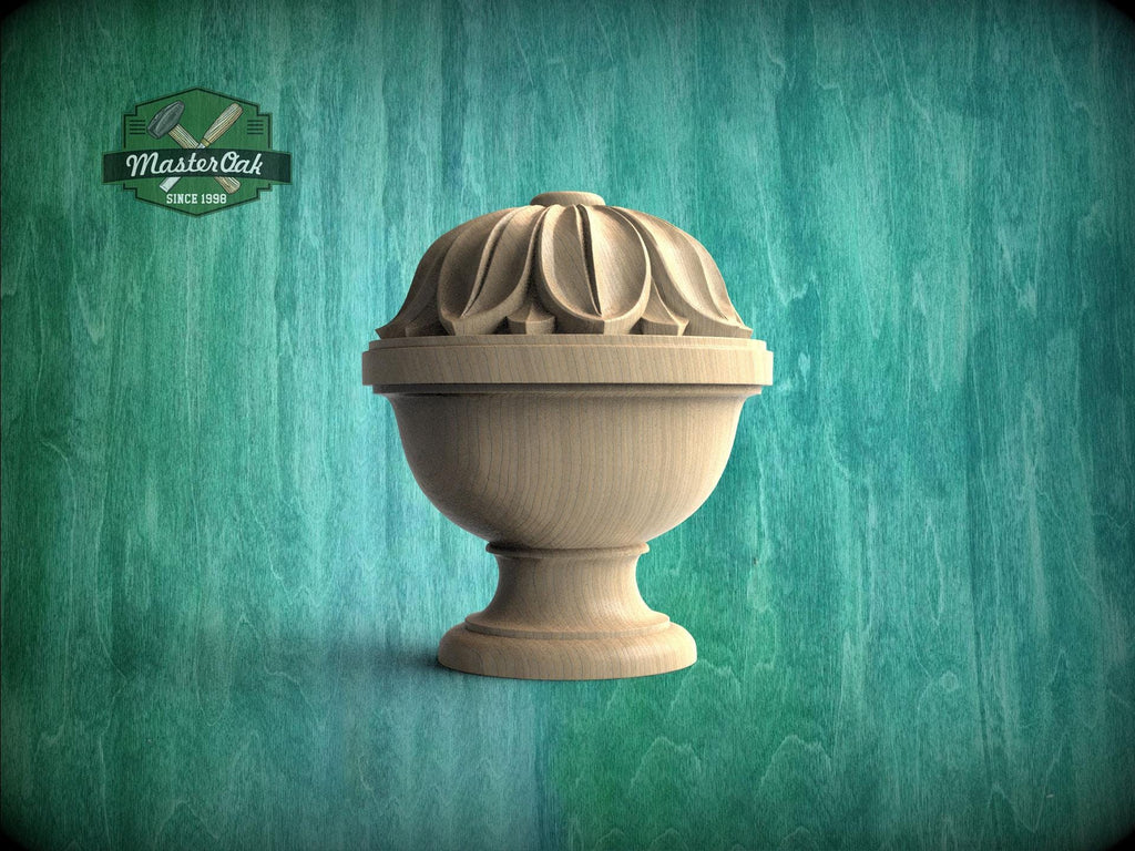 Wood Newel Finial, Decorative Post Cap with Carved Petal Crown