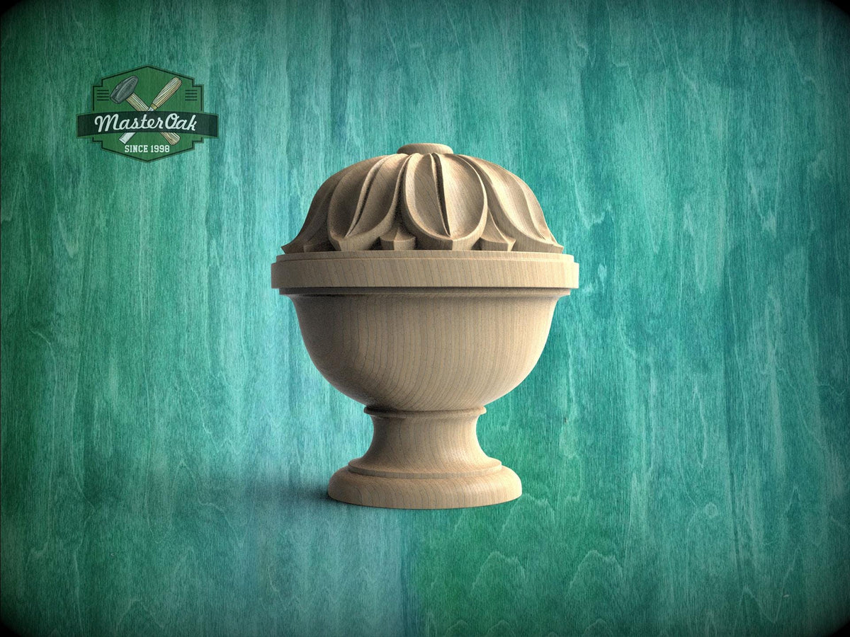 Wood Newel Finial, Decorative Post Cap with Carved Petal Crown