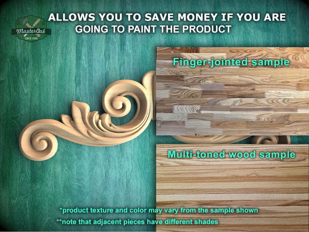 The image is a promotional advertisement for Master Oak's paint product, featuring a close-up of a wooden sample with a finger-jointed design and a multi-toned wood sample.