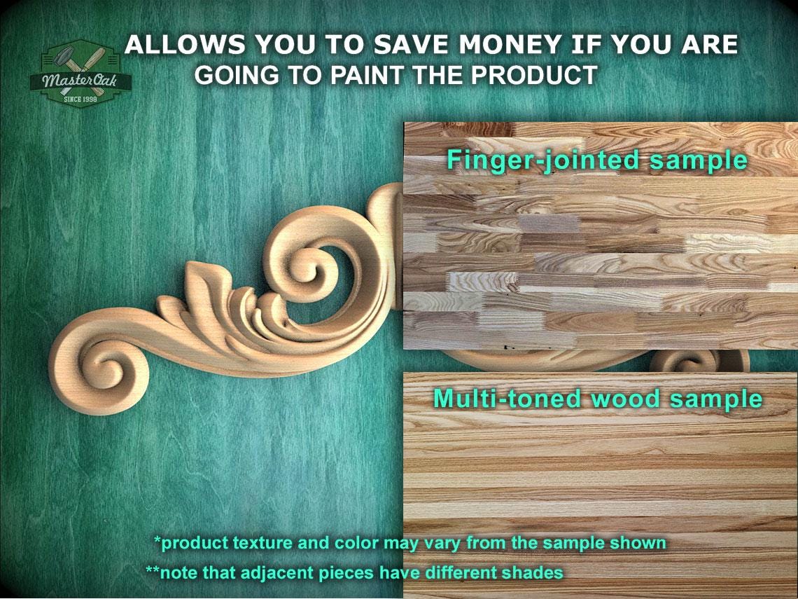 The image is a promotional advertisement for Master Oak's paint product, featuring a close-up of a wooden sample with a finger-jointed design and a multi-toned wood sample.