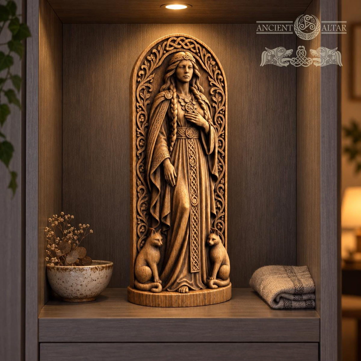 Freyja Statue with Cats, Wooden Norse Goddess Figurine, Viking Pagan Altar Decor, Freya Sculpture, Scandinavian Mythology Gift