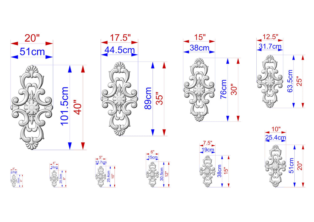 a series of ornate, decorative designs or patterns, each accompanied by its own set of measurements in centimeters. The designs vary in size and complexity, ranging from small to large, and are arranged in a grid-like pattern. The image does not contain any text, and the descriptions provided are concise and avoid redundancy.