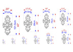 a series of ornate, decorative designs or patterns, each accompanied by its own set of measurements in centimeters. The designs vary in size and complexity, ranging from small to large, and are arranged in a grid-like pattern. The image does not contain any text, and the descriptions provided are concise and avoid redundancy.