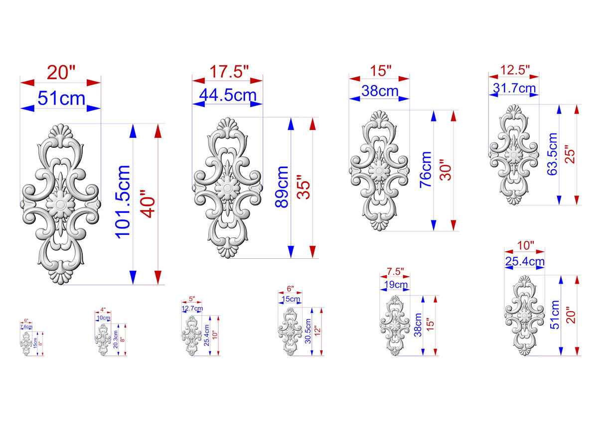 a series of ornate, decorative designs or patterns, each accompanied by its own set of measurements in centimeters. The designs vary in size and complexity, ranging from small to large, and are arranged in a grid-like pattern. The image does not contain any text, and the descriptions provided are concise and avoid redundancy.