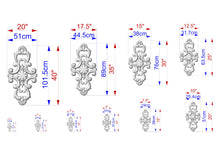 Load image into Gallery viewer, a series of ornate, decorative designs or patterns, each accompanied by its own set of measurements in centimeters. The designs vary in size and complexity, ranging from small to large, and are arranged in a grid-like pattern. The image does not contain any text, and the descriptions provided are concise and avoid redundancy.
