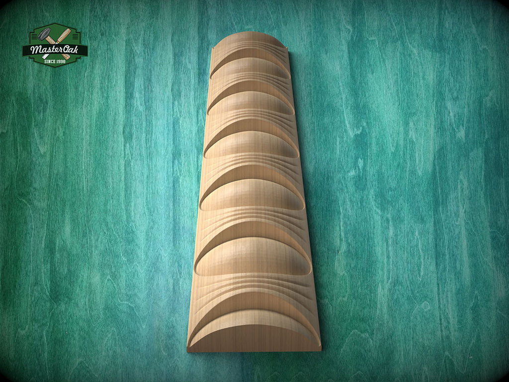 A wooden wall-mounted shelf with a curved design, set against a green textured background.