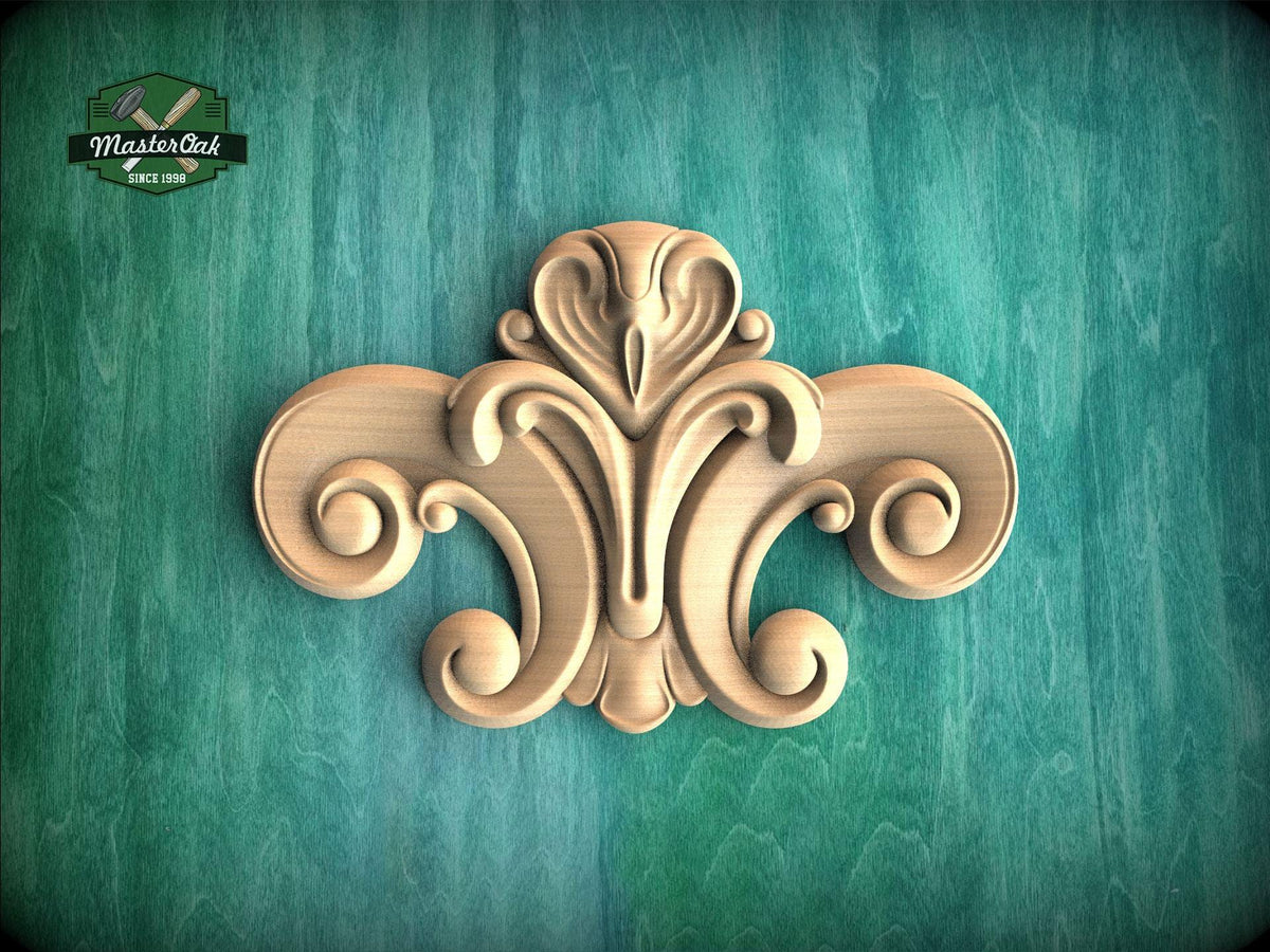 a decorative wooden carving on a green background.