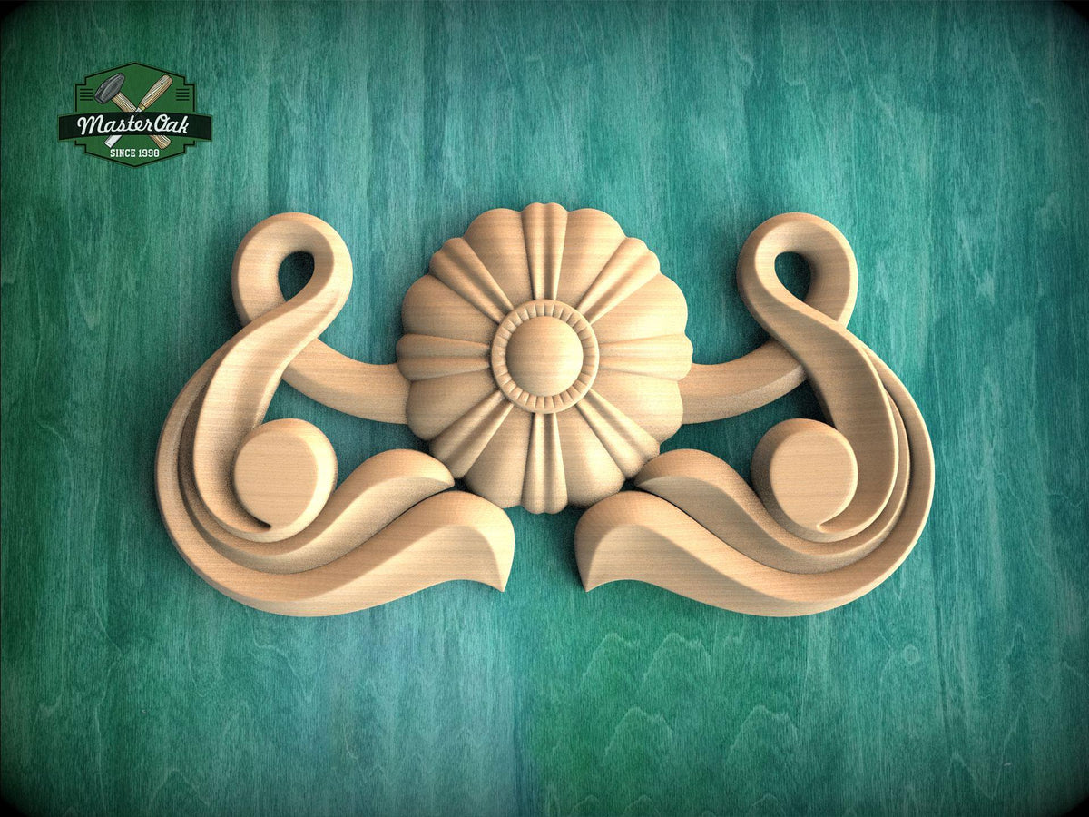 A decorative wooden carving with a flower-like design is displayed against a teal background.