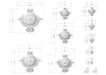 Load image into Gallery viewer, various sizes of decorative elements, such as a flower-like design, which are depicted in a technical drawing format. The elements are shown in different sizes, ranging from small to large, and are accompanied by their respective dimensions. The image is a collection of these elements, possibly representing a design or a pattern.
