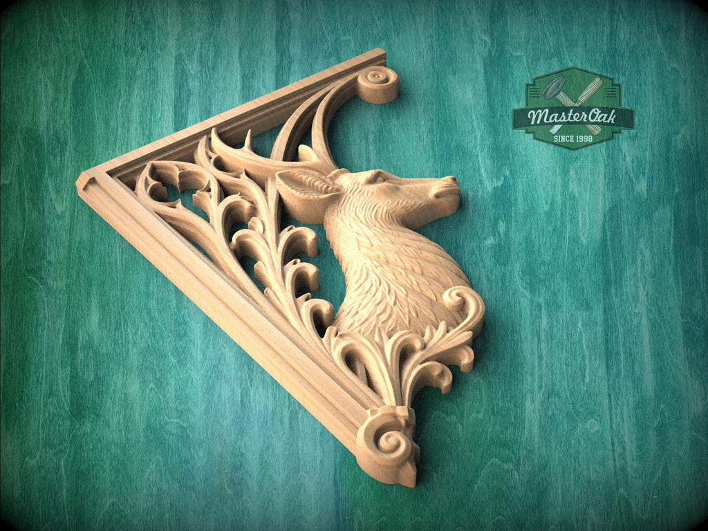 Carved Wood Deer Corner Onlays, Mirrored Pair with Antlers and Gothic Scrollwork