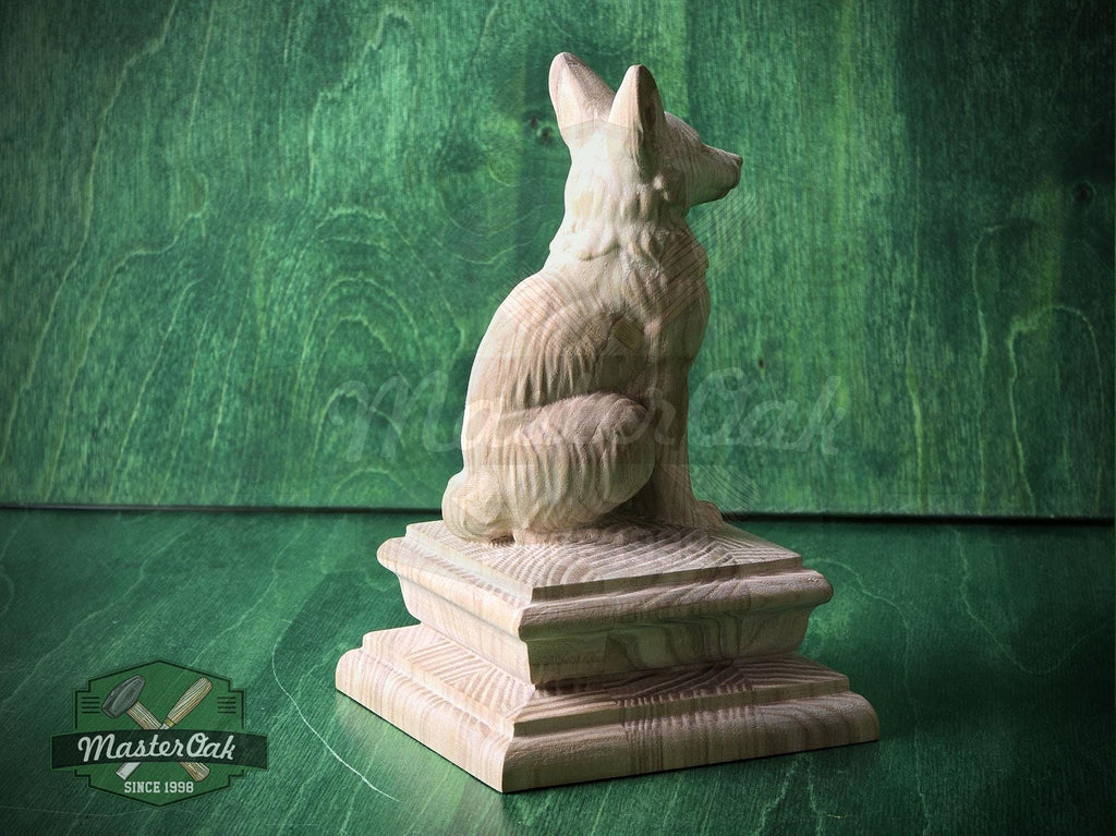 Sitting Fox #2 made of wood, Wooden Finial for Staircase Newel Post, Wood Carved Fox Statue, Rustic Woodland Animal Accent, 1pc, Unpainted