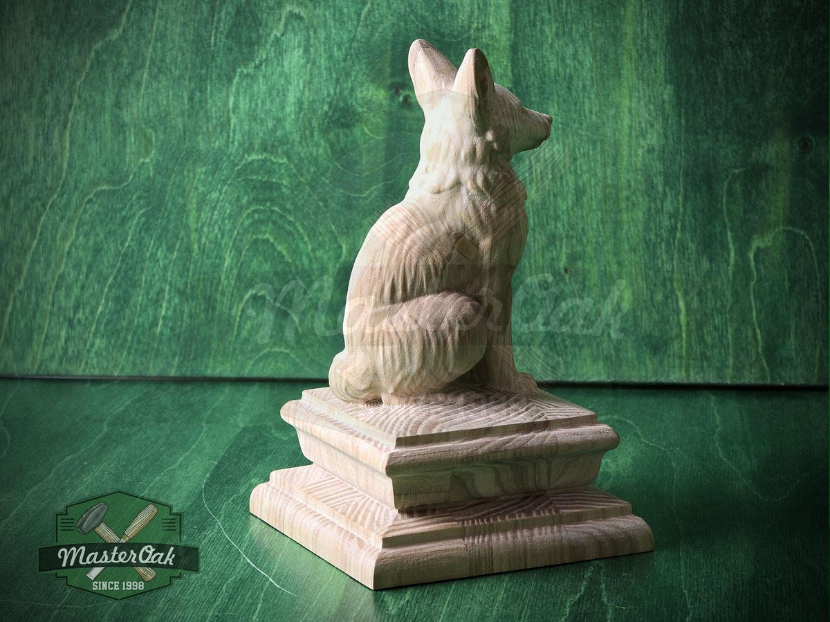 Sitting Fox #2 made of wood, Wooden Finial for Staircase Newel Post, Wood Carved Fox Statue, Rustic Woodland Animal Accent, 1pc, Unpainted
