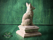 Load image into Gallery viewer, Sitting Fox #2 made of wood, Wooden Finial for Staircase Newel Post, Wood Carved Fox Statue, Rustic Woodland Animal Accent, 1pc, Unpainted
